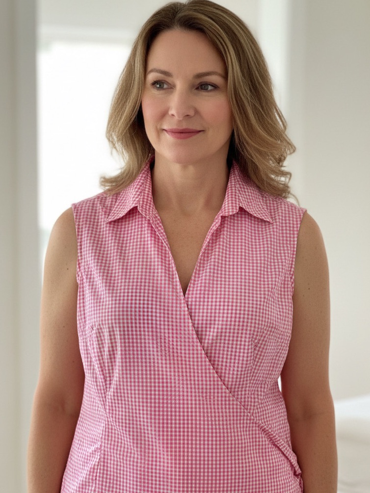 Harve Benard Pink Gingham Wrap Sleeveless Cotton Blend Blouse